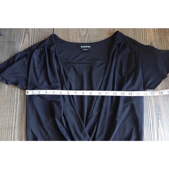 Bebe Bodysuit XS Black Mesh Sheer Flutter Sleeve Deep V Wrap Top VTG 90s Y2K - Picture 5 of 6